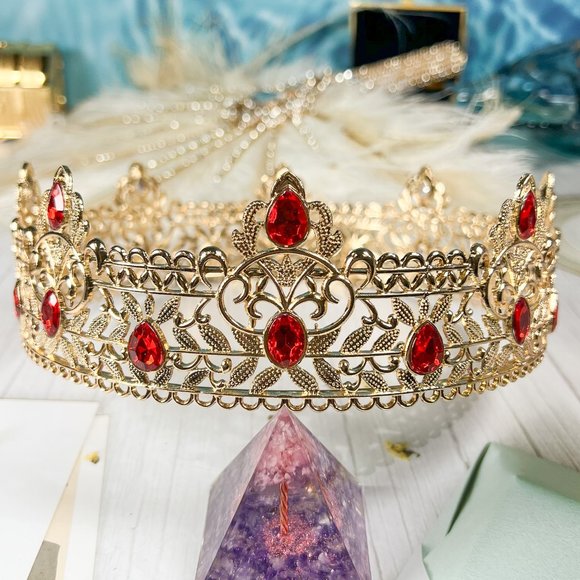 Royal King Gold Crowns, Red Rhinestone Headpiece, Father's Day Gift, XL Crown